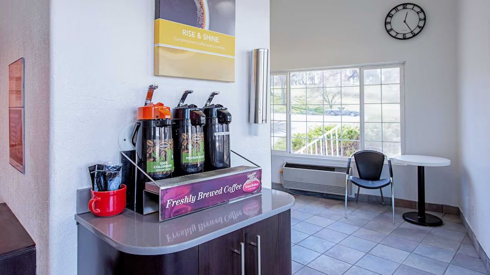 Lobby coffee station and seating area